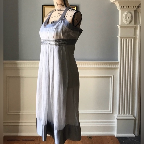 Shoshanna Sleeveless Gauzy Textured Silk Dove Gray Mini Dress Embellished Waist - Picture 5 of 9